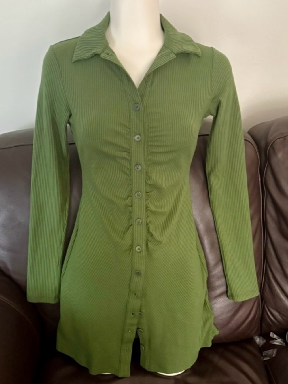 NWOT Reformation Amy Knit Dress Green Ribbed Button Front Collared XS - Picture 6 of 7